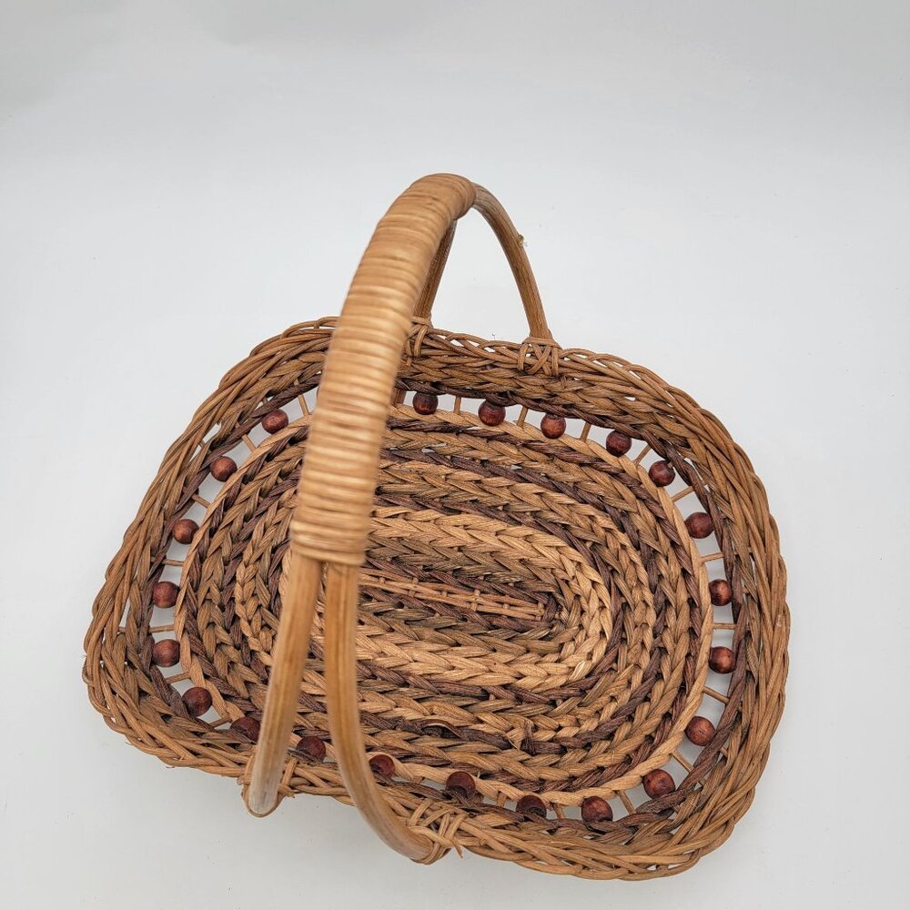 Vintage Wicker & Bead Decorative Basket With Handle - Picture 5 of 8